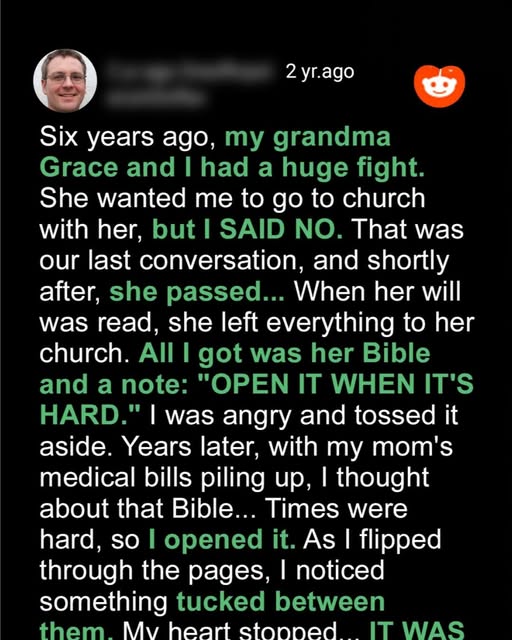 Old Lady Disinherits Grandson, Leaves Him Only a Bible & Note Saying, ‘Open It When